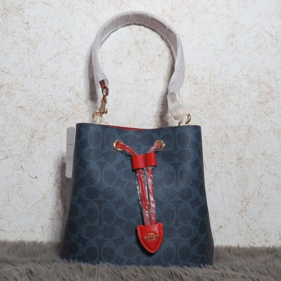 Coach Signature Rowan Drawstring Bucket Bag (Denim/Bold Red) - Picture 3 of 8
